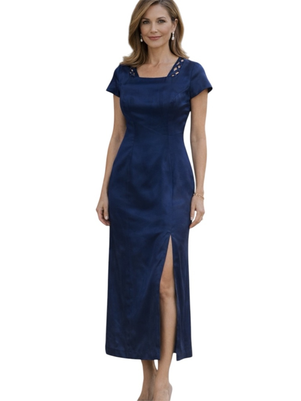 Adrianna Papell VTG 100% Silk Navy Square-Neck Midi Dress Side Slit Navy Sz 12